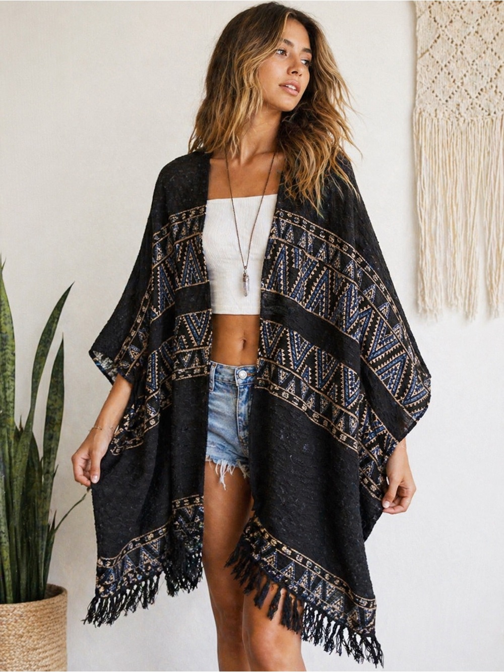 Urban Outfitters + Ecote + boho + aztec + fringe + kimono one size